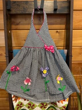 Bonnie Baby Black & White Gingham Apron Dress with Pink Trim and Floral Accents